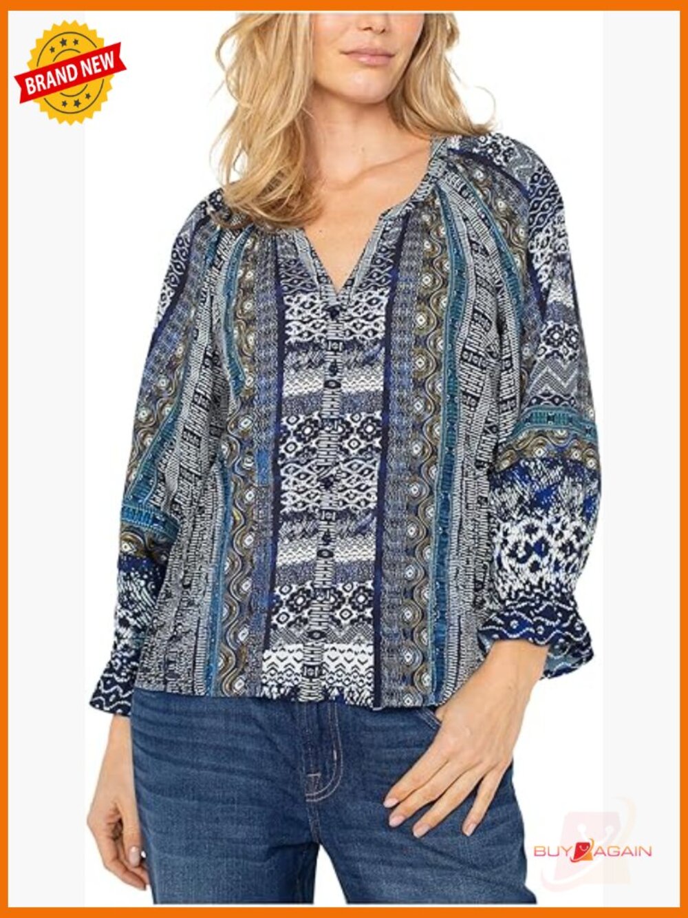 Petite 3/4 Sleeve Button Front Woven Blouse, Regular Fit, Pull-On Style